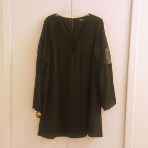 Black Lace up Bell Sleeve Dress